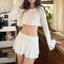 2Sooonsumff Set 2 món áo crotop dài tay cổ thuyền kèm chân váy ngắn xòe phối bèo mùa xuân cho nữ