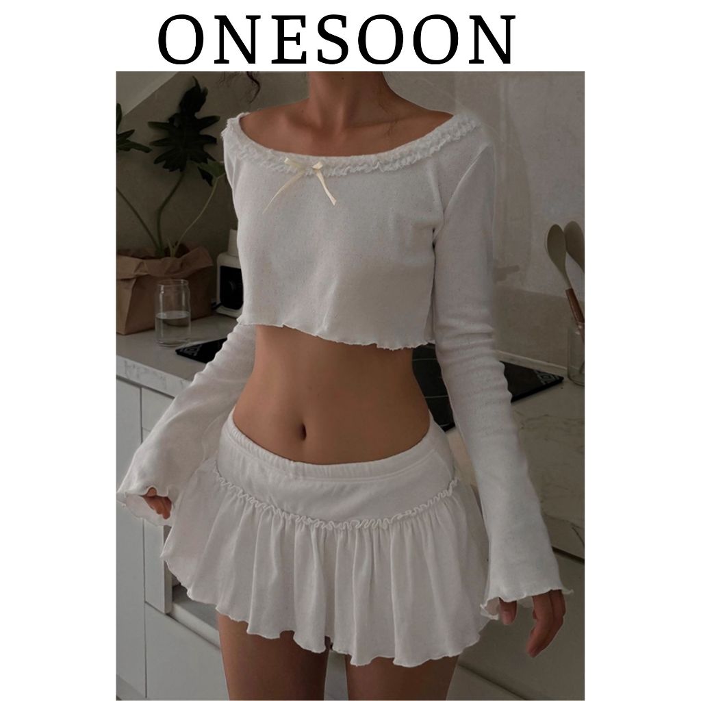 [Sẵn HỎA TỐC HÀ NỘI] ONESOON Set 2 món áo crotop tay dài cổ thuyền kèm chân váy ngắn xòe sexy cho nữ