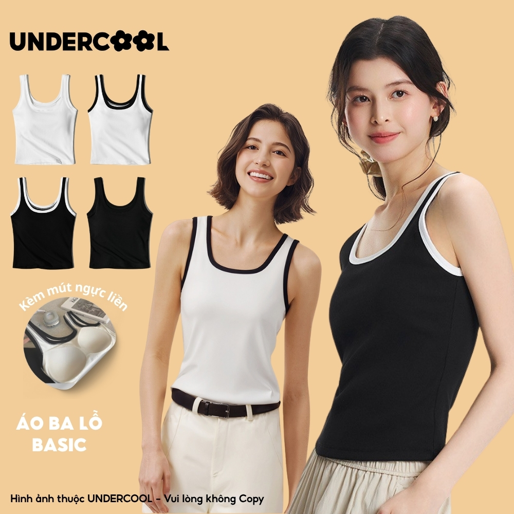 Áo Thun Ba Lỗ Nữ Basic Cổ Vuông Có Đệm Ngực UNDERCOOL Cotton Mềm Mát, Co Giãn, Màu Basic nhiều mầu cơ bản - ABL43