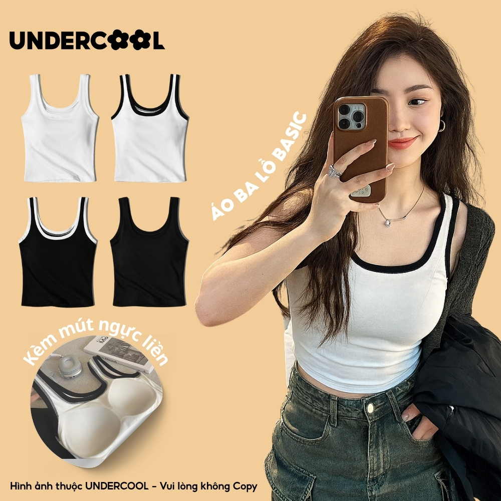 Áo Thun Ba Lỗ Nữ Basic Cổ Vuông Có Đệm Ngực UNDERCOOL Cotton Mềm Mát, Co Giãn, Màu Basic nhiều mầu cơ bản - ABL43