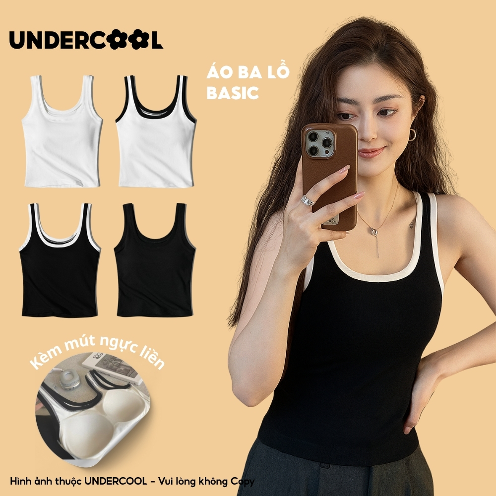 Áo Thun Ba Lỗ Nữ Basic Cổ Vuông Có Đệm Ngực UNDERCOOL Cotton Mềm Mát, Co Giãn, Màu Basic nhiều mầu cơ bản - ABL43