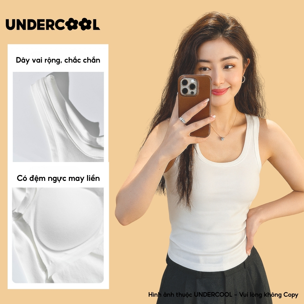 Áo Thun Ba Lỗ Nữ Basic Cổ Vuông Có Đệm Ngực UNDERCOOL Cotton Mềm Mát, Co Giãn, Màu Basic nhiều mầu cơ bản - ABL43