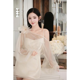 Set váy Khiết Style lụa trượt phối áo choàng lệch vai bồng bềnh đính hoa 3D phong cách dự tiệc KS283