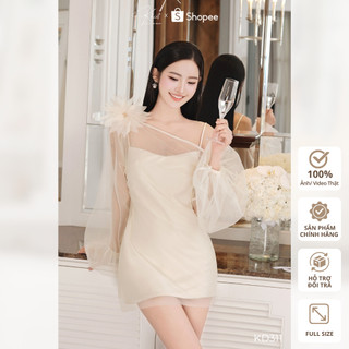 Set váy Khiết Style lụa trượt phối áo choàng lệch vai bồng bềnh đính hoa 3D phong cách dự tiệc KS283