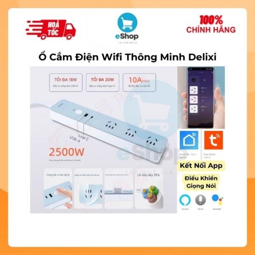 Ổ điện thông minh DELIXI WiFi 3 ổ 220V Type-C 20W