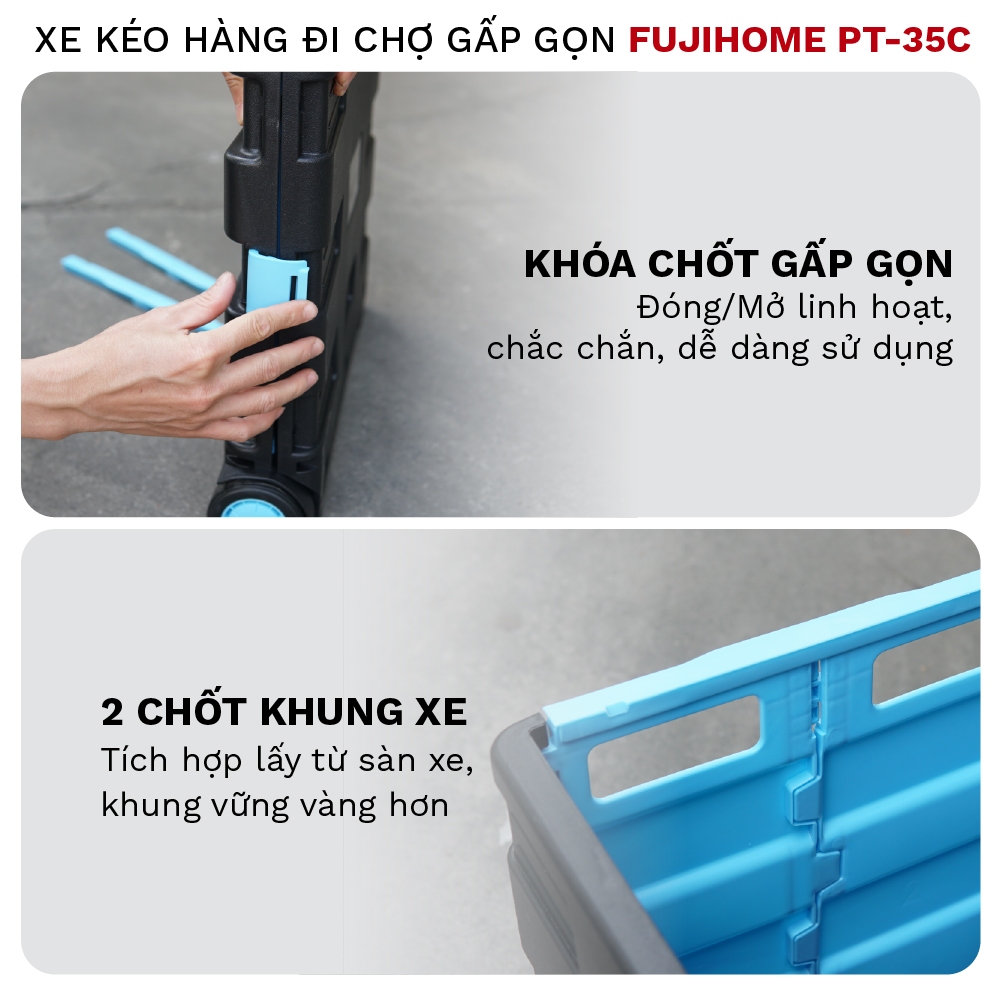 Xe kéo hàng đa năng gấp gọn dáng hộp PT-35C FUJIHOME, Xe chở hàng siêu thị sàn nhựa cao cấp bánh lớn bền đẹp tải 35kg