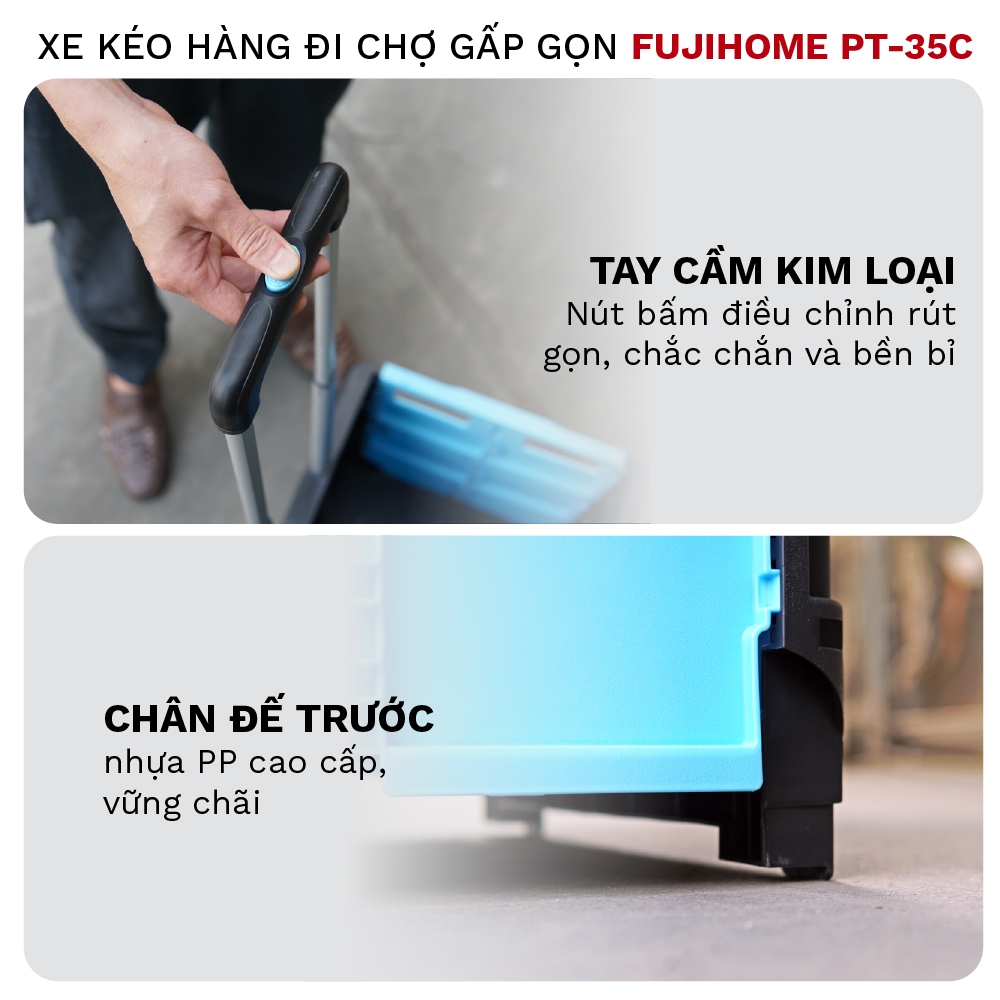 Xe kéo hàng đa năng gấp gọn dáng hộp PT-35C FUJIHOME, Xe chở hàng siêu thị sàn nhựa cao cấp bánh lớn bền đẹp tải 35kg