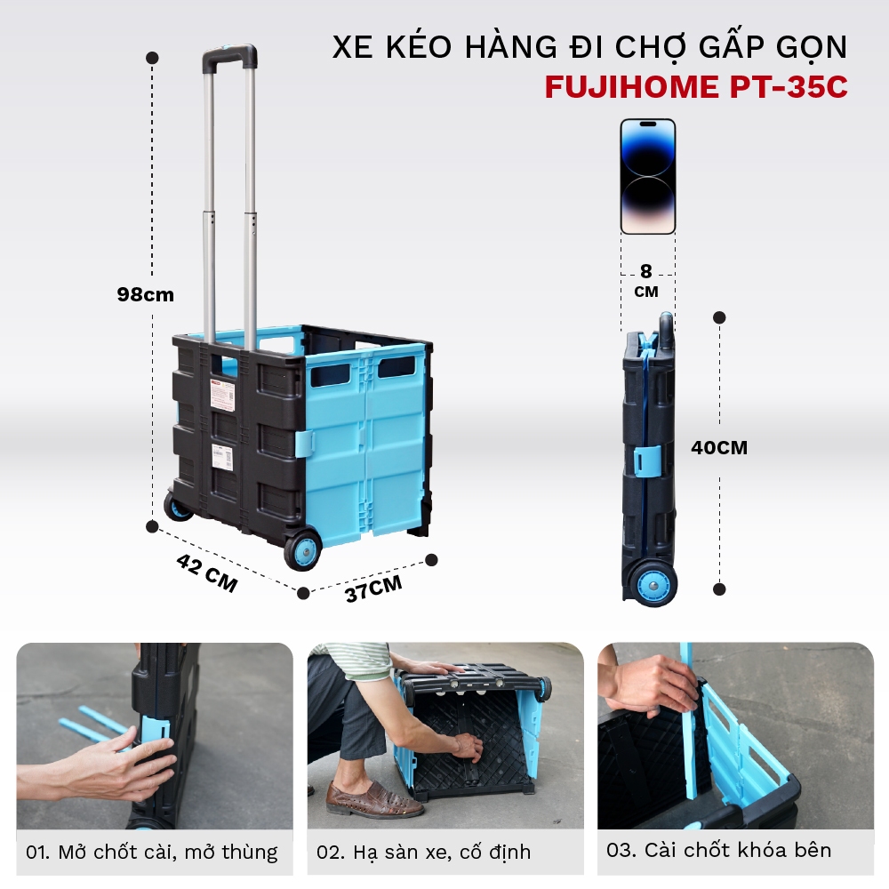 Xe kéo hàng đa năng gấp gọn dáng hộp PT-35C FUJIHOME, Xe chở hàng siêu thị sàn nhựa cao cấp bánh lớn bền đẹp tải 35kg