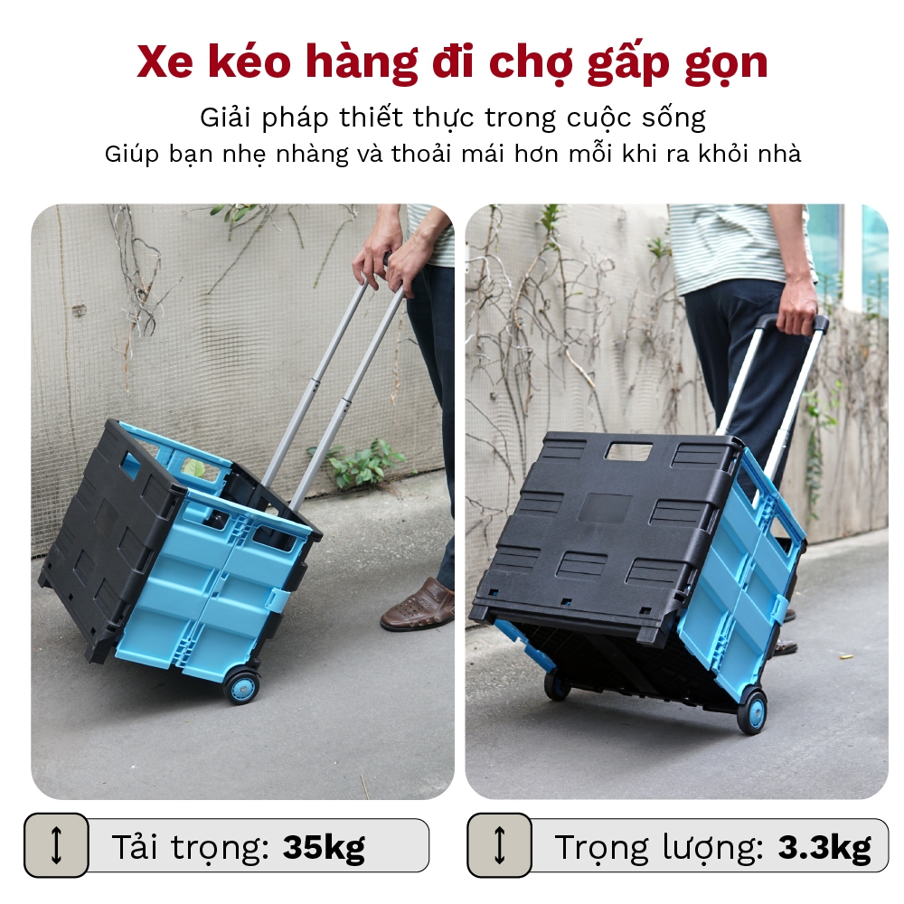 Xe kéo hàng đa năng gấp gọn dáng hộp PT-35C FUJIHOME, Xe chở hàng siêu thị sàn nhựa cao cấp bánh lớn bền đẹp tải 35kg