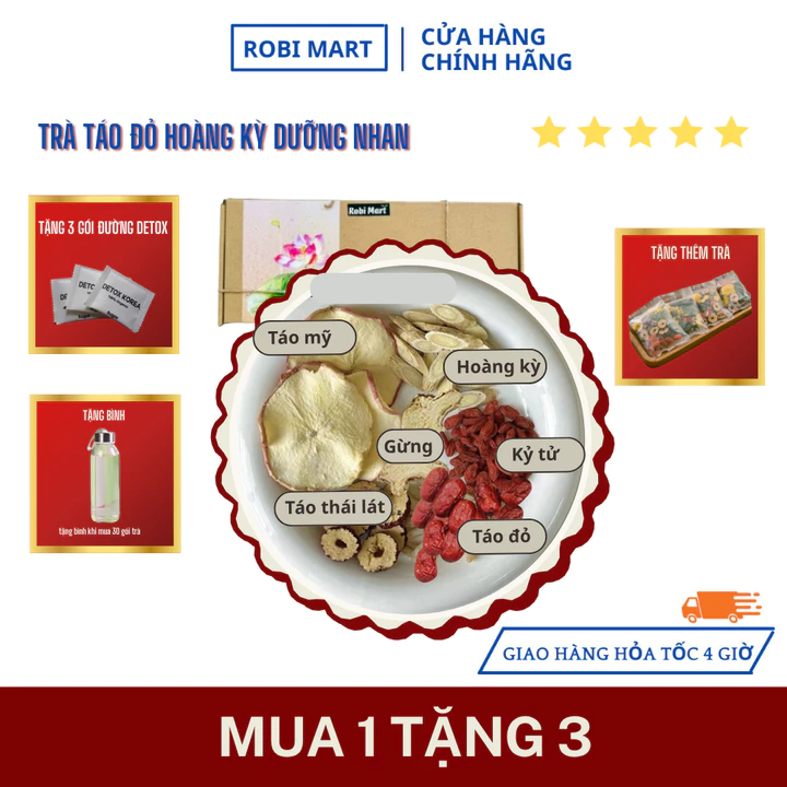 Trà táo đỏ hoàng kỳ dưỡng nhan robimart (táo mỹ, gừng, táo thái lát, táo đỏ, hoàng kỳ, kỷ tử) - Mua 1 tặng 3