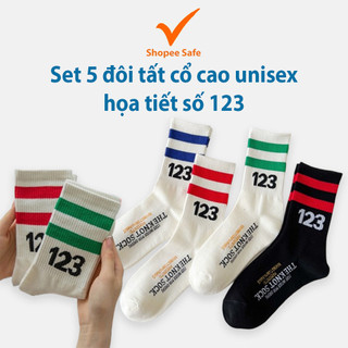 Set 5 đôi tất cổ cao unisex phong cách thể thao họa tiết số 123 siêu hot
