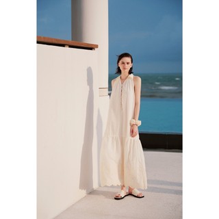 Đầm suông OLV Maxi cổ bẻ phối nút dáng xòe bồng bềnh Cream Plain Loose Maxi Dress phù hợp đi biển