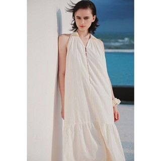 Đầm suông OLV Maxi cổ bẻ phối nút dáng xòe bồng bềnh Cream Plain Loose Maxi Dress phù hợp đi biển