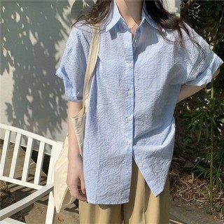 Áo Sơ Mi Chất Xốp Kẻ Cúc Cài Tay Lỡ Form Rộng Dáng Ngắn Nam Nữ