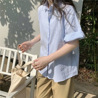 Áo Sơ Mi Chất Xốp Kẻ Cúc Cài Tay Lỡ Form Rộng Dáng Ngắn Nam Nữ