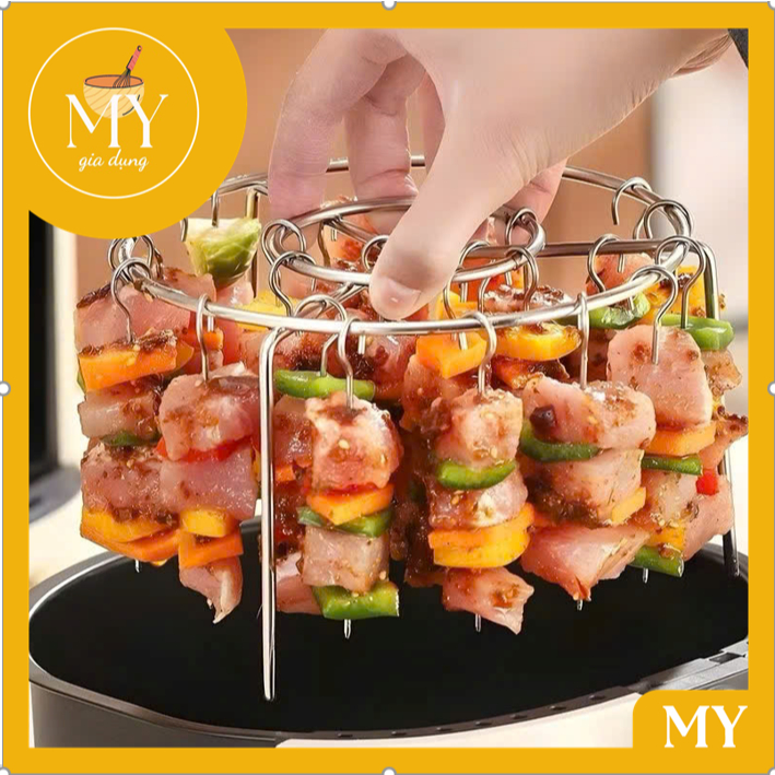 Giá inox dạng tròn kèm 24 xiên dùng để xiên thịt làm thịt nướng BBQ dùng cho nồi chiên k dầu - Xiên thịt nướng BBQ