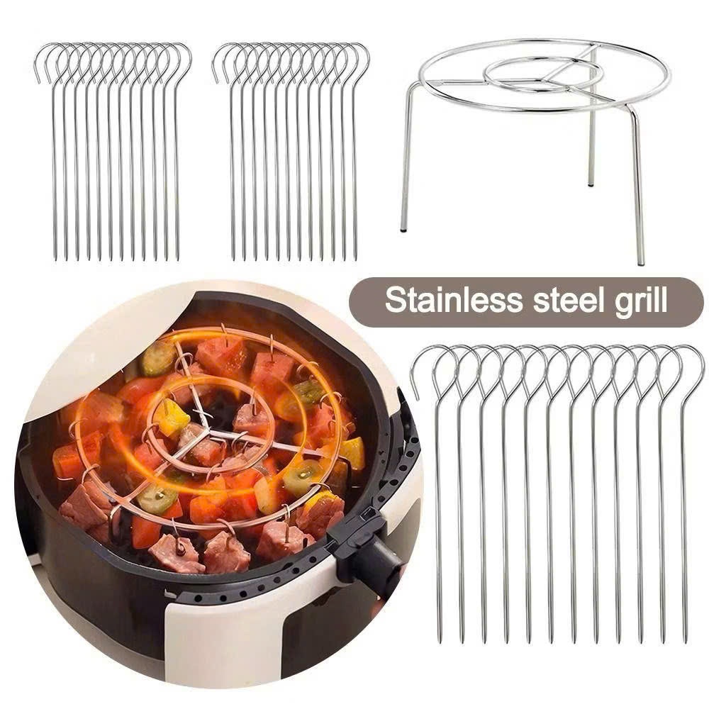 Giá inox dạng tròn kèm 24 xiên dùng để xiên thịt làm thịt nướng BBQ dùng cho nồi chiên k dầu - Xiên thịt nướng BBQ