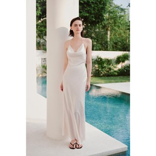 Đầm OLV lụa maxi 2 dây cổ đổ mịn mát thướt tha Cream Silky Cowl phù hợp đi tiệc đi biển mùa hè