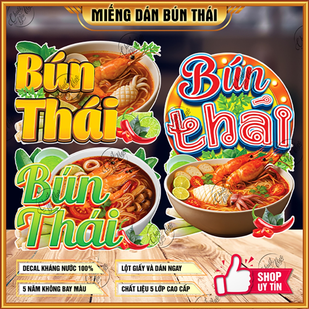 Decal BÚN THÁI dán tủ kính trang trí xe đẩy decor quán ăn chữ menu ...