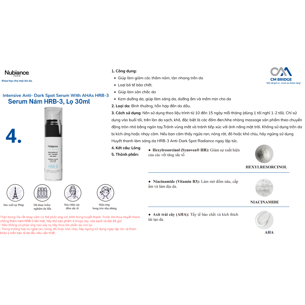 [Hàng Cty NK&PP] Serum dưỡng da NUBIANCE. PARIS Intensive Anti- Dark Spot Serum With AHAs HRB-3 30ml