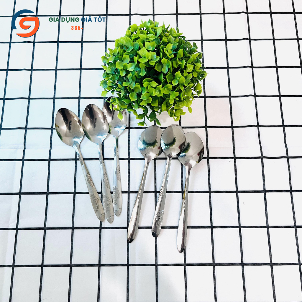 Combo 10 muỗng inox cán hoa văn - thìa ăn cơm tráng miệng cho gia đình, quán ăn