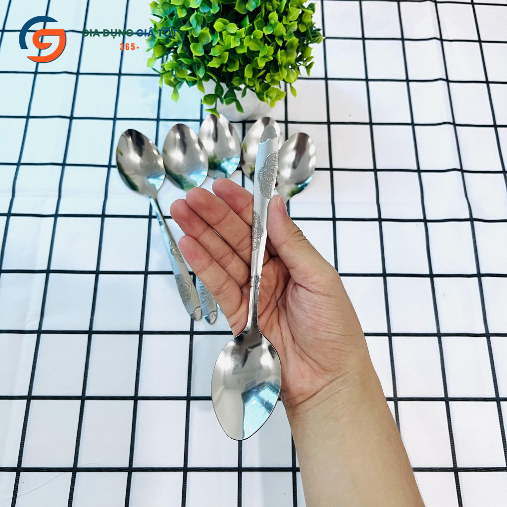 Combo 10 muỗng inox cán hoa văn - thìa ăn cơm tráng miệng cho gia đình, quán ăn