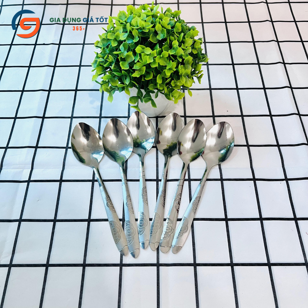 Combo 10 muỗng inox cán hoa văn - thìa ăn cơm tráng miệng cho gia đình, quán ăn