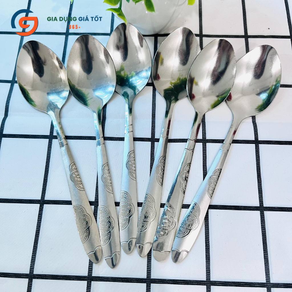 Combo 10 muỗng inox cán hoa văn - thìa ăn cơm tráng miệng cho gia đình, quán ăn