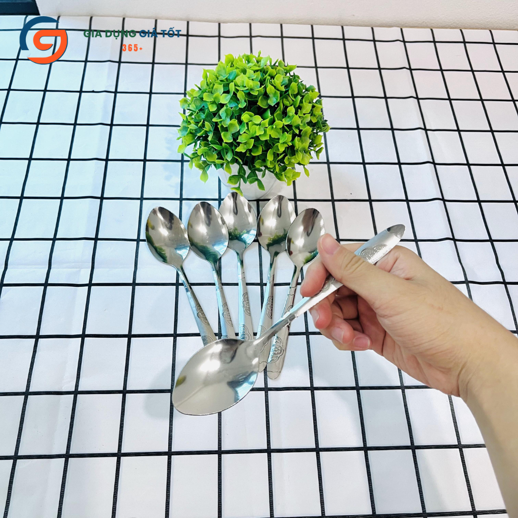 Combo 10 muỗng inox cán hoa văn - thìa ăn cơm tráng miệng cho gia đình, quán ăn