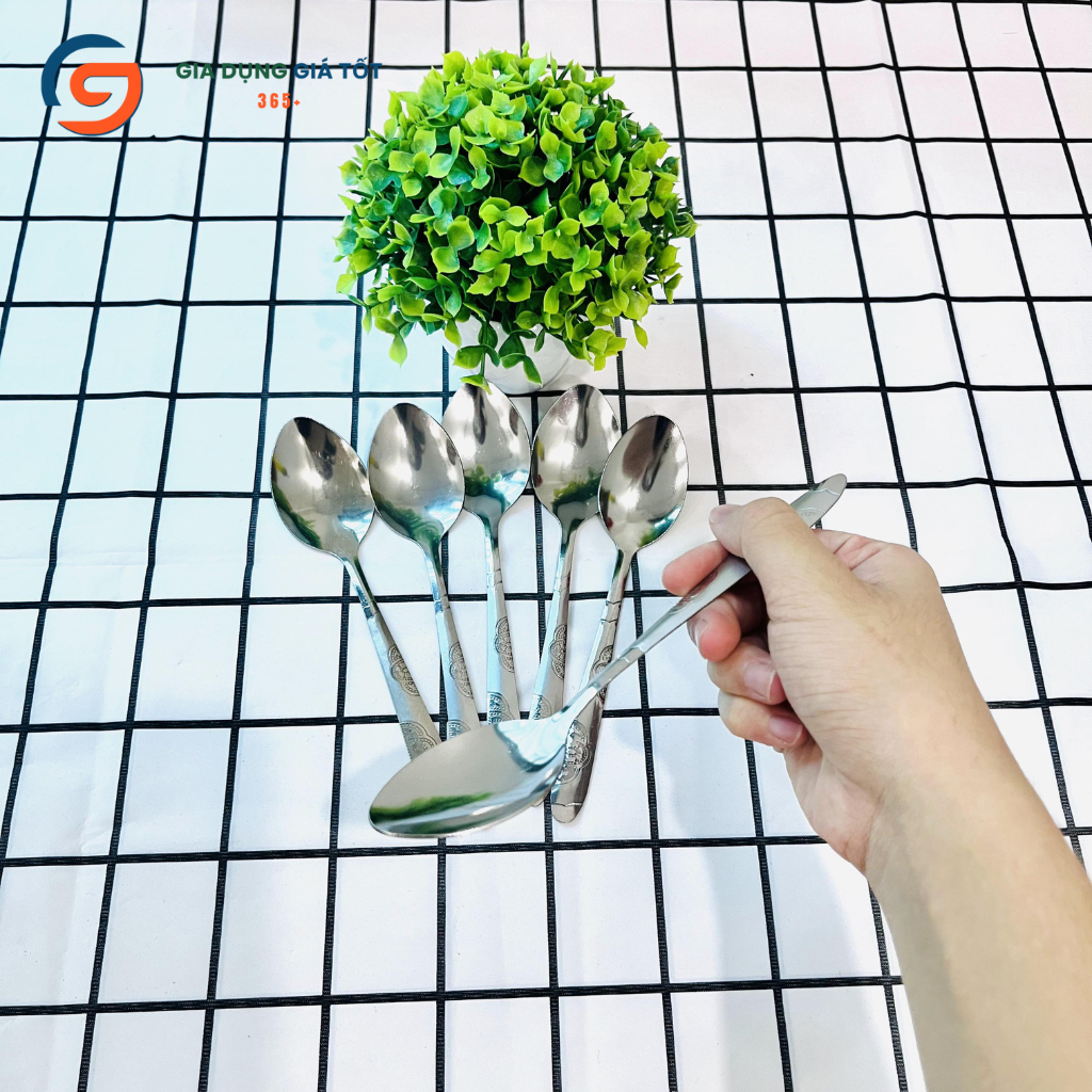 Combo 10 muỗng inox cán hoa văn - thìa ăn cơm tráng miệng cho gia đình, quán ăn