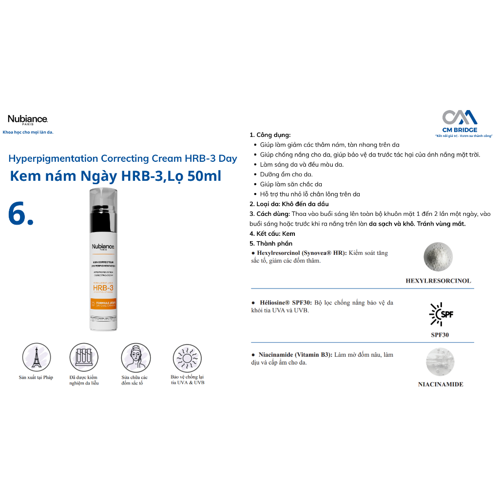 [Hàng Công Ty NK&PP ] Kem Nám Ngày HRB3 50ml (Hyperpigmentation Correcting Cream HRB-3 Day)