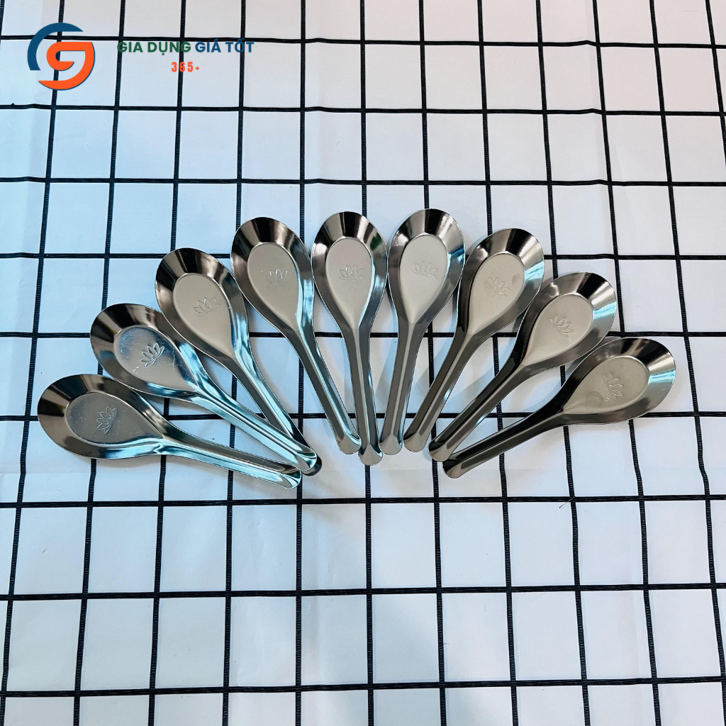 Combo 10 thìa phở inox hoa sen, muỗng ăn cơm sáng bóng, dày đẹp, dễ dùng, bền chắc