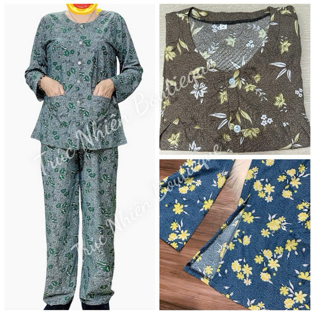 Bộ trung niên thun lạnh cho bà cho mẹ tay dài cài nút có 2 túi - G98