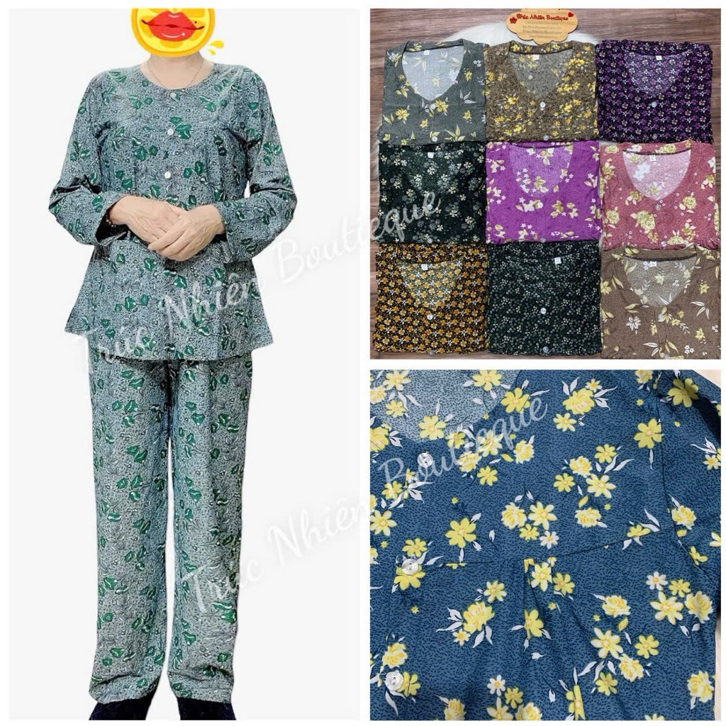 Bộ trung niên thun lạnh cho bà cho mẹ tay dài cài nút có 2 túi - G98