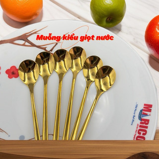 Thìa Cà Phê INOX 304 Mạ Titan Vàng 17cm Giot Nước Sang Trọng Tinh Tế