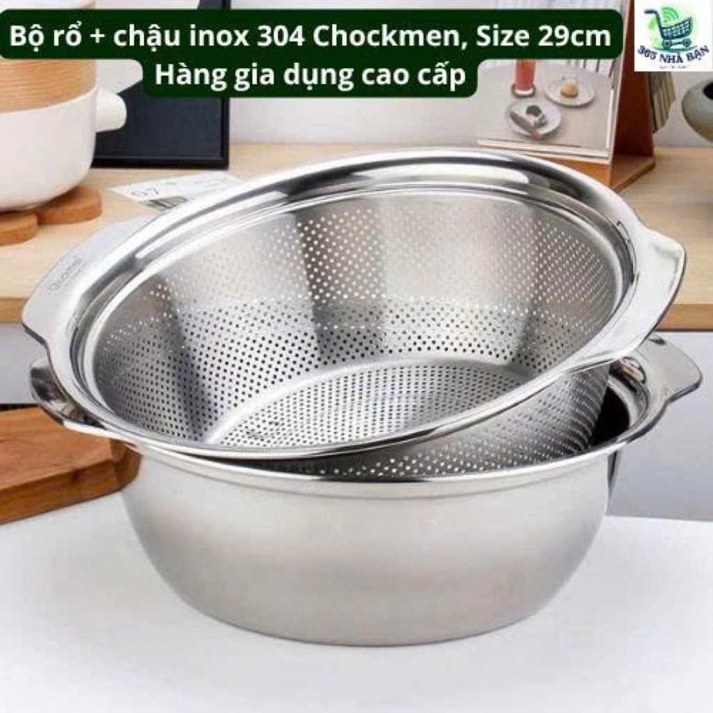 Bộ rổ chậu inox 304 Chockmen Size 29cm sáng bóng, dầy dặn rửa rau củ ...