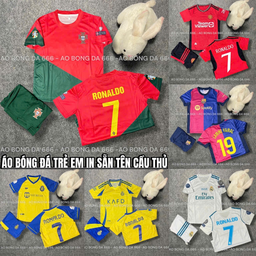 Áo Bóng Đá, Áo Đá Banh Trẻ Em CLB In Sẵn Ronaldo số 7  - Vải Mè Thái Cao Cấp - In Sẵn Cr7