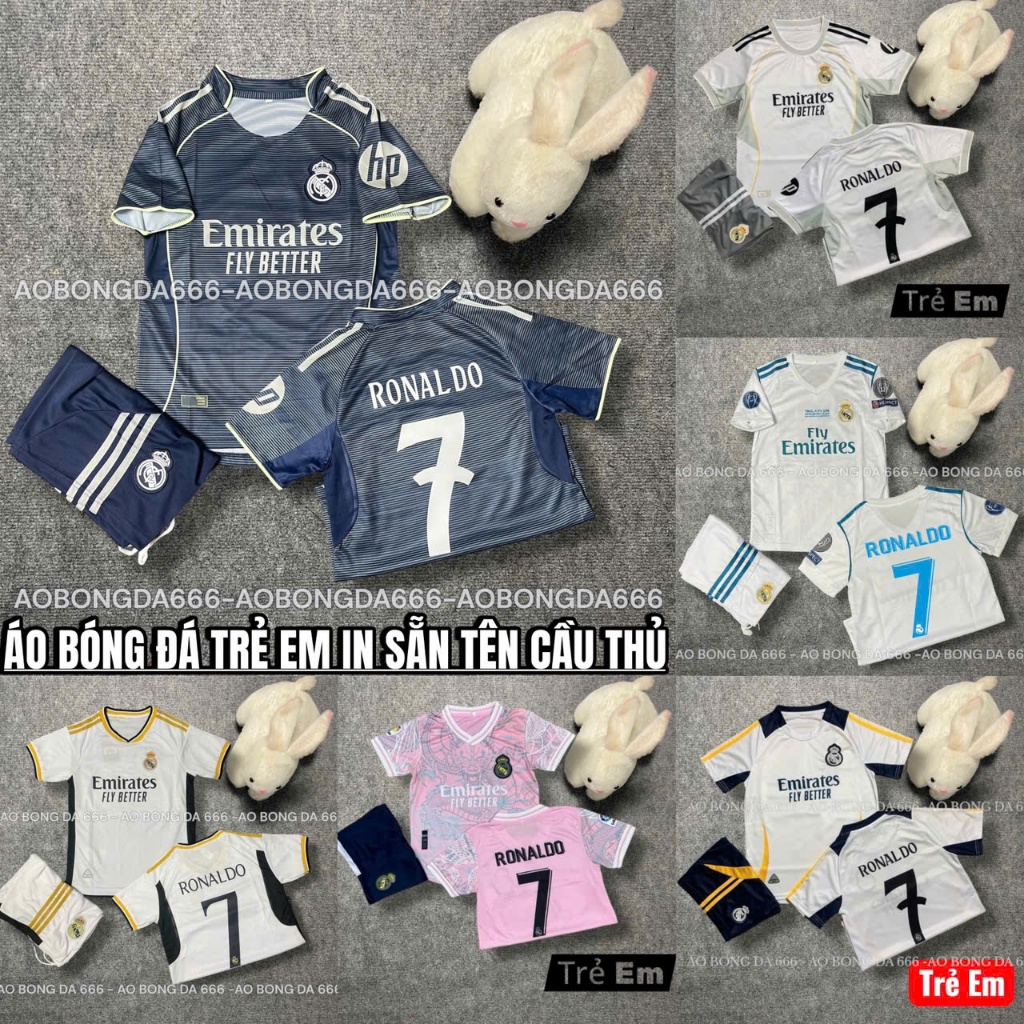 Áo Bóng Đá, Áo Đá Banh Trẻ Em CLB In Sẵn Ronaldo số 7.  - Vải Mè Thái Cao Cấp - In Sẵn Cr7