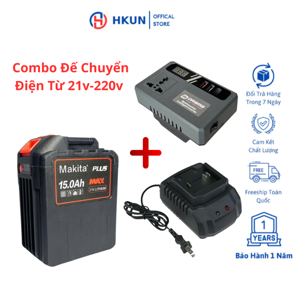 Combo Đế Chuyển Đổi Nguồn Điện DRAMA  Chuyển Từ Pin 21v Lên 110 - 220v, Chân Pin Phổ Thông 4cm