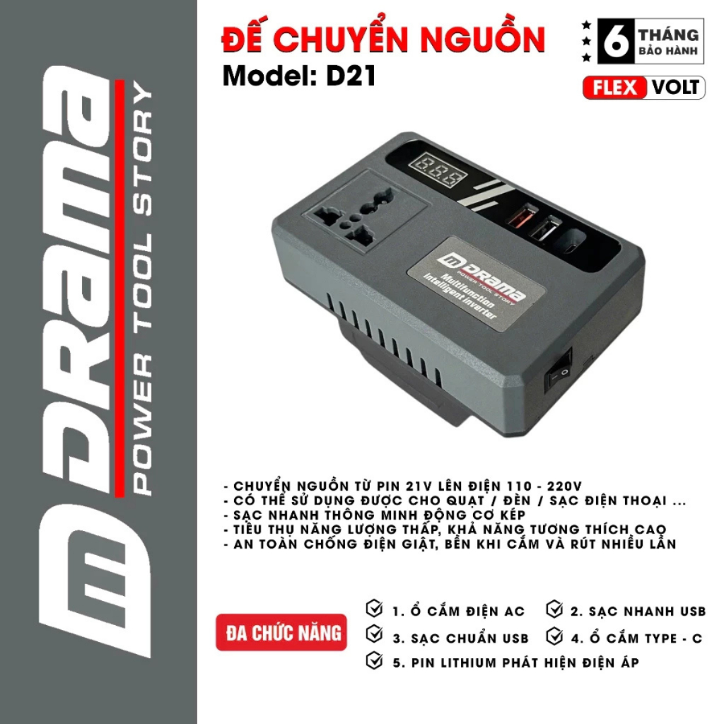 Combo Đế Chuyển Đổi Nguồn Điện DRAMA  Chuyển Từ Pin 21v Lên 110 - 220v, Chân Pin Phổ Thông 4cm