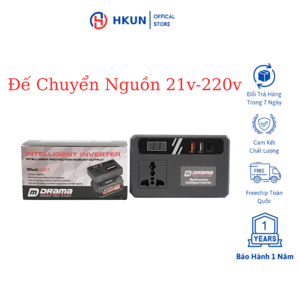 Đế Chuyển Đổi Nguồn Điện DRAMA Chuyển Từ Pin 21v Lên 110 - 220v, Chân Pin Phổ Thông 4cm