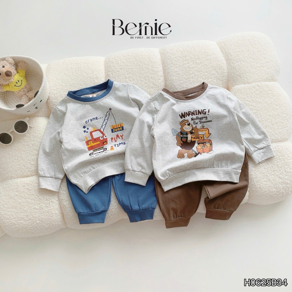 Bộ thu đông dài tay bé trai in hình cần cẩu, gấu nâu, bộ cotton dài tay thu đông cho bé H0625B34