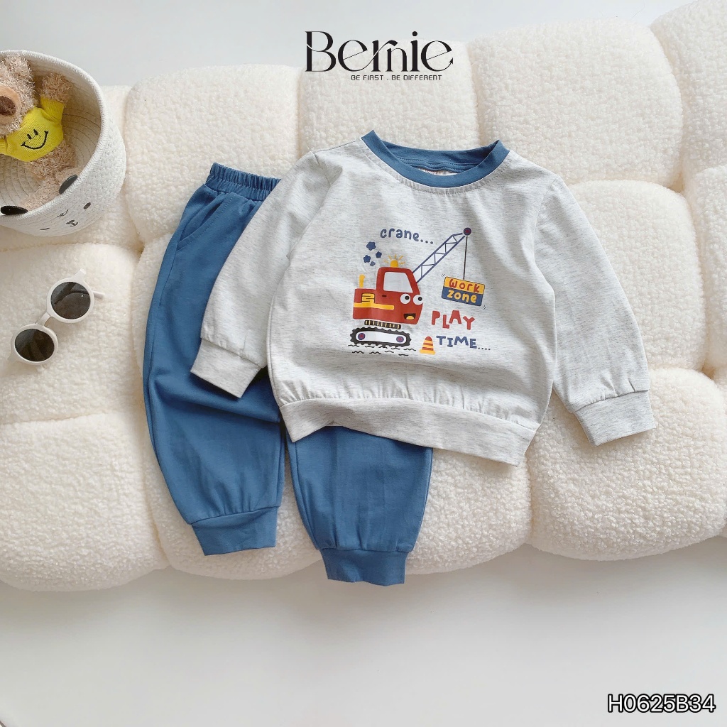 Bộ thu đông dài tay bé trai in hình cần cẩu, gấu nâu, bộ cotton dài tay thu đông cho bé H0625B34