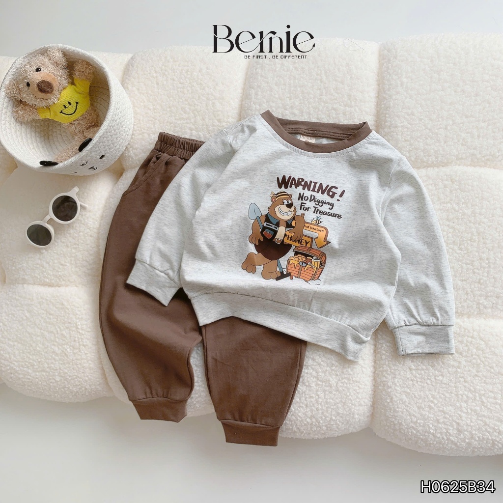 Bộ thu đông dài tay bé trai in hình cần cẩu, gấu nâu, bộ cotton dài tay thu đông cho bé H0625B34