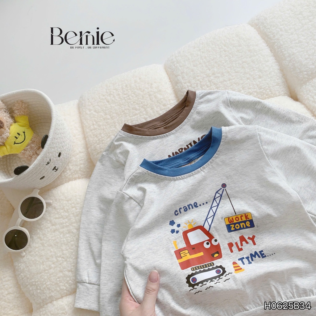 Bộ thu đông dài tay bé trai in hình cần cẩu, gấu nâu, bộ cotton dài tay thu đông cho bé H0625B34