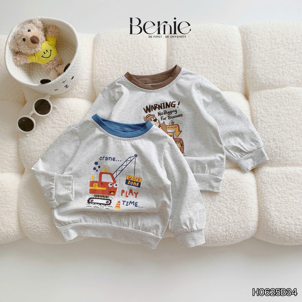 Bộ thu đông dài tay bé trai in hình cần cẩu, gấu nâu, bộ cotton dài tay thu đông cho bé H0625B34