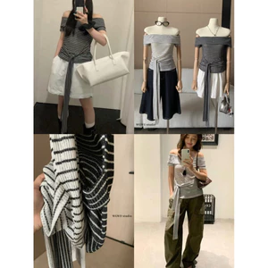 𝐖𝐆𝐖𝐄|Áo Trễ Vai Kẻ Sọc Phối Dây Buộc Chất dệt kim – Dáng Ôm Tôn Dáng, Gợi Cảm Dễ Phối W6629#