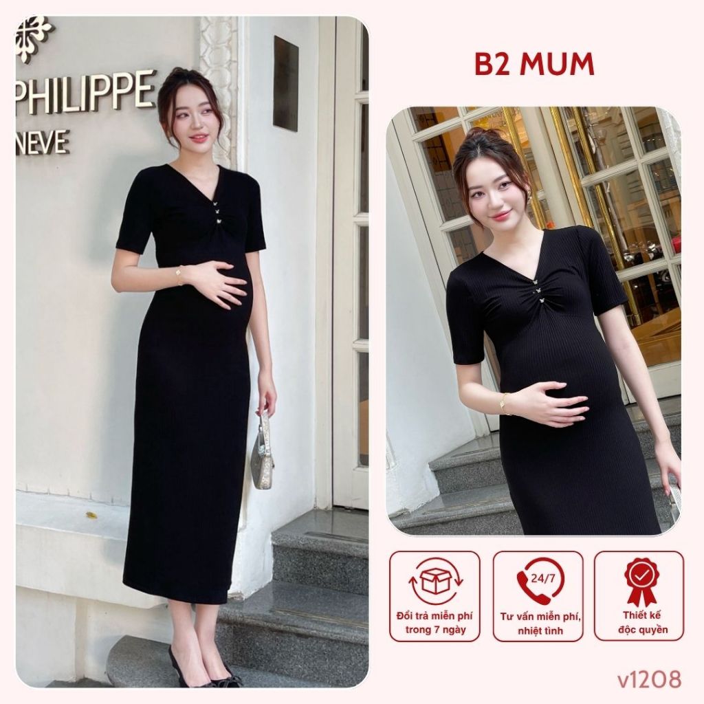 Váy bầu nhún ngực cộc tay tôn dáng vải gân mềm mại co dãn tốt giúp mẹ thoải mái cả ngày V1208-B2 Mum