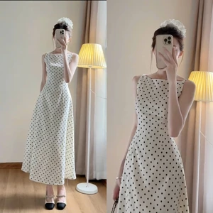 Váy tiểu thư dáng dài hàn quốc tiểu thư sẵn hàng kèm video, Váy maxi chấm bi sang chảnh