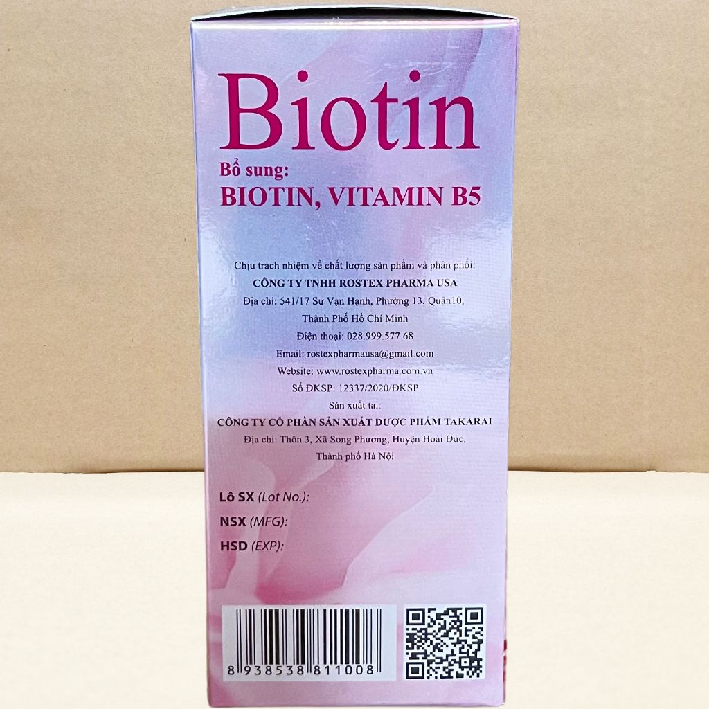 Combo 5 Hộp Biotin Hồng Chai 60 Viên - Rostex - Takarai - Vitamin Chữa Lành